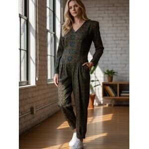 90's Cropped, Military Style Jumpsuit with Metallic Medallion Pattern